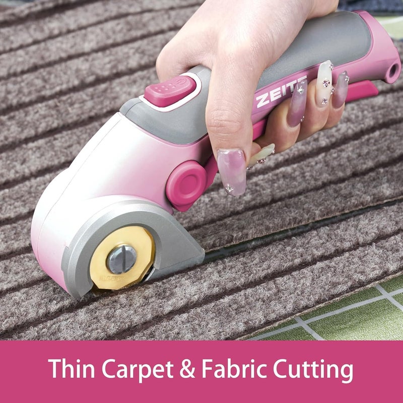 zeite 4V Cordless Scissors,Electric Cardboard Box Cutter with Titanium Coated HSS Blades,Ideal for Cardboard Leather Carpet Fabric Cutting and recycling,Storage Case,Pink - Image 4